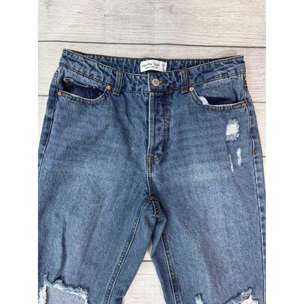 Vanilla Star High Waisted Distressed Straight Leg Jeans Blue Button Fly Size 7 - Picture 4 of 12